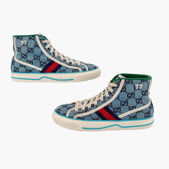 Gucci 1977 Tennis Blue GG Canvas High Top Sneakers Shoes Size 37 US 7 Women’s - Picture 7 of 14